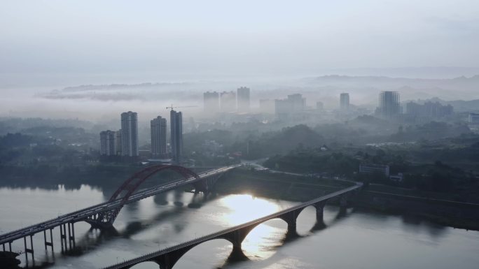 广安渠江大桥清晨云雾绕城