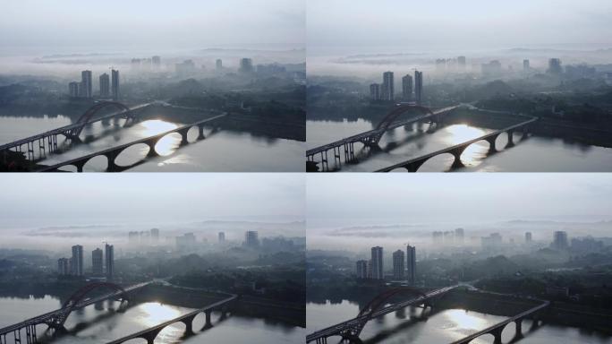 广安渠江大桥清晨云雾绕城