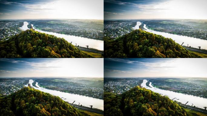 德拉钦费尔斯城堡和莱茵河的空中拍摄，德国