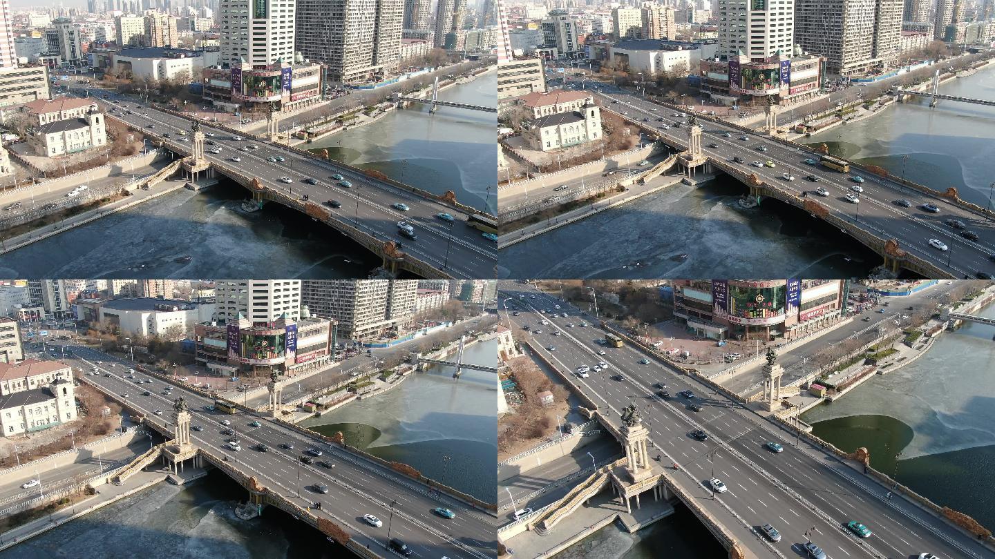 天津冬日大桥高速车流航拍城市