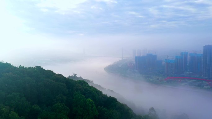航拍宜宾三江口白塔云雾平流雾大气城市