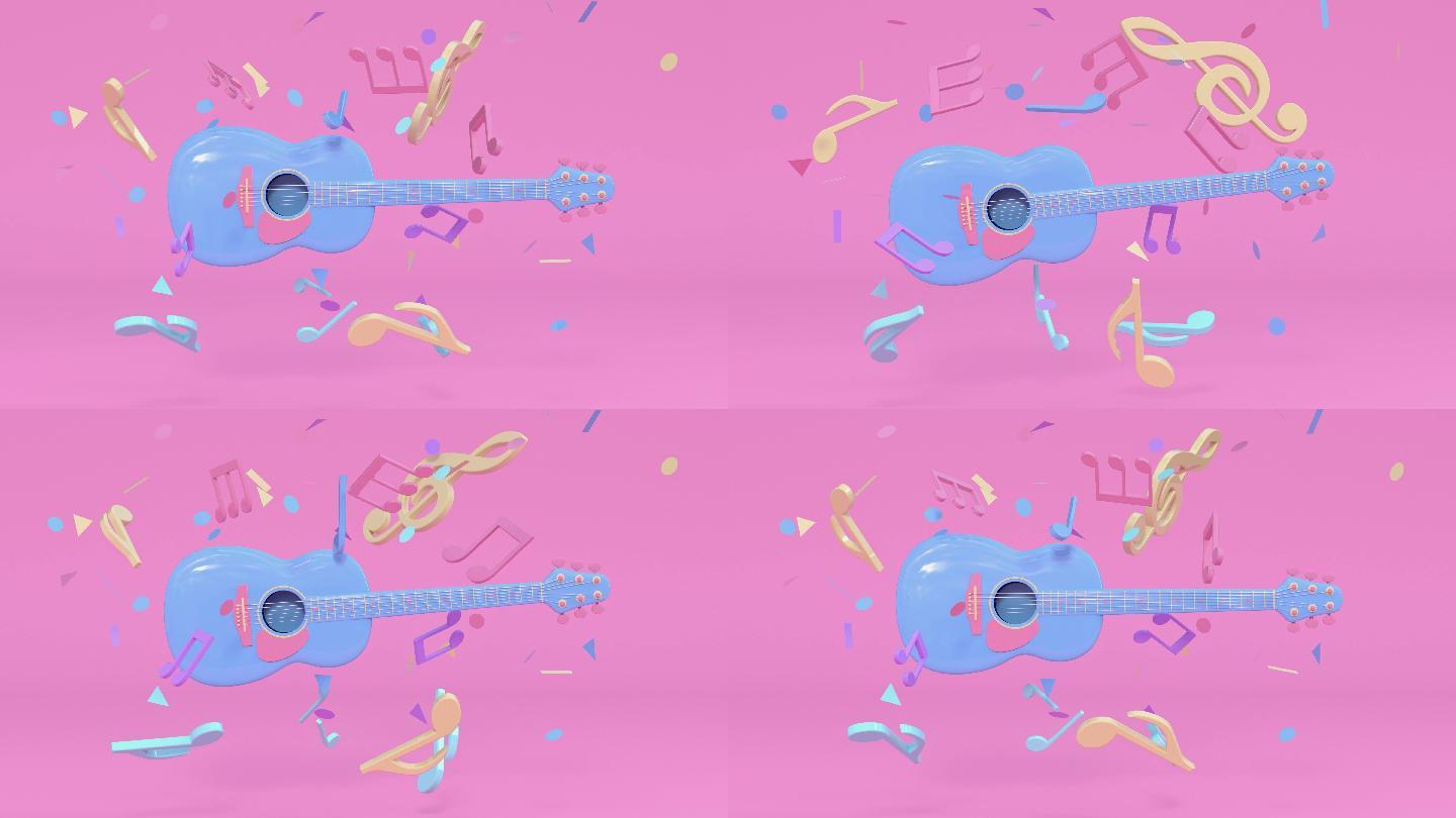 蓝色吉他彩色场景卡通风格3d渲染