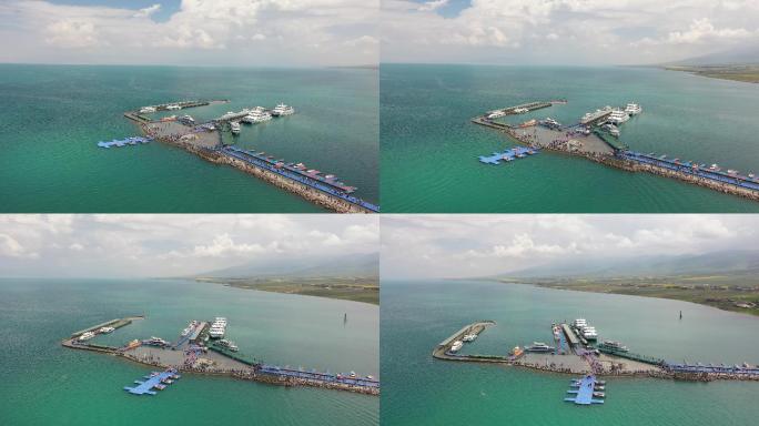 青海湖蓝天碧水景色风光白云热气球