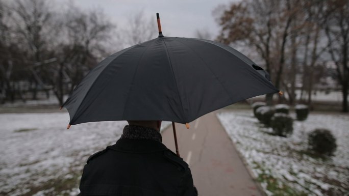 一个带着雨伞独自行走的男人