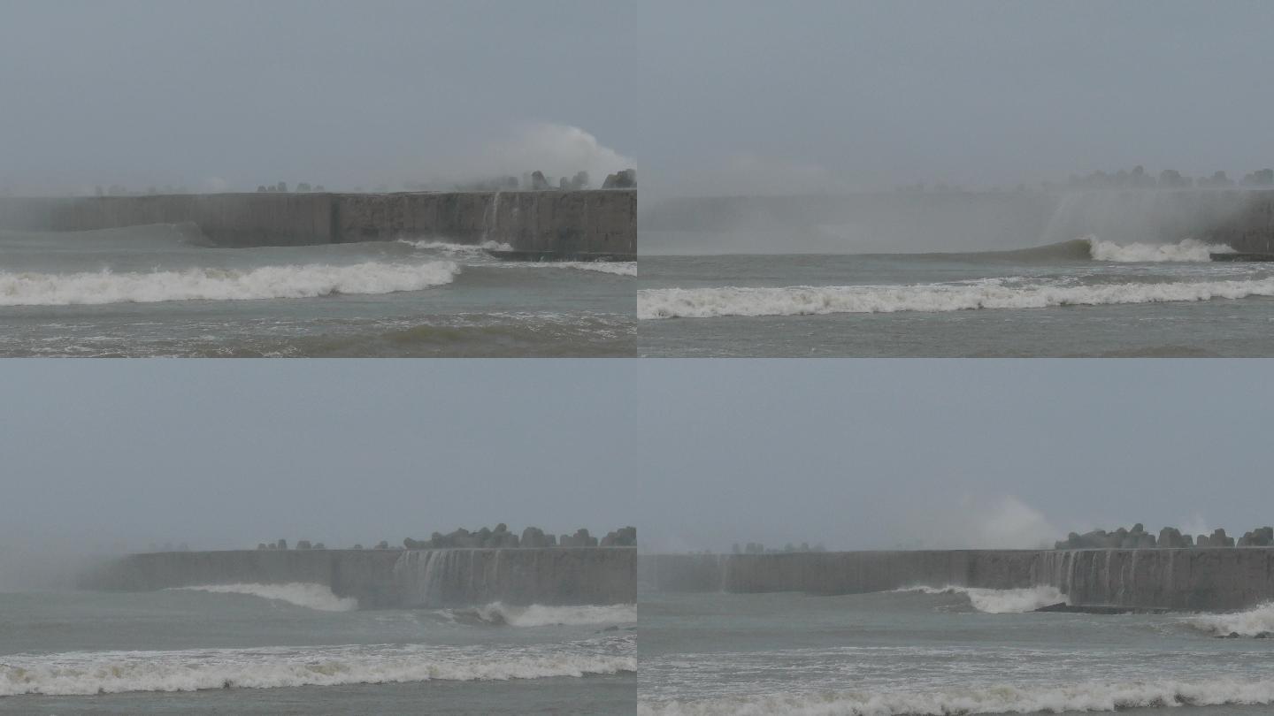 风暴海浪冲破港口的海堤