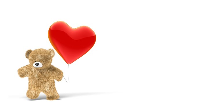 走路的小可爱的泰迪熊拿着心脏气球。
