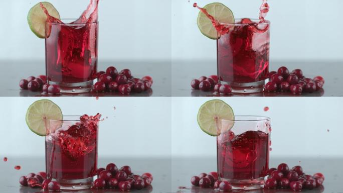 冰以慢动作溅入蔓越莓汁
