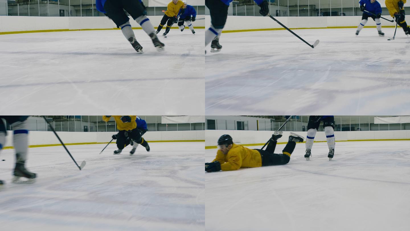 冰球运动员在比赛中摔倒