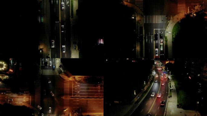 夜晚城市公路上行驶的汽车航拍