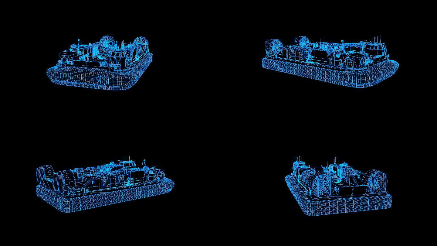 蓝色全息科技线框汽艇登陆艇动画带通道