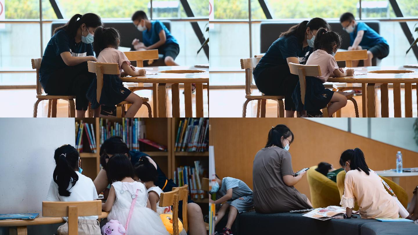 4K图书馆阅览室家长陪伴孩子读书空镜