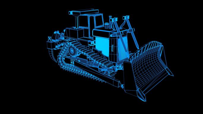蓝色全息科技线框重型推土机旋转带通道