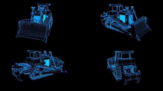 蓝色全息科技线框重型推土机旋转带通道