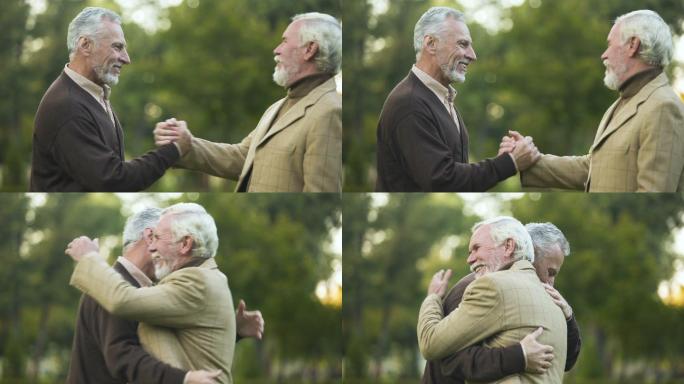 年长的男性朋友握手拥抱