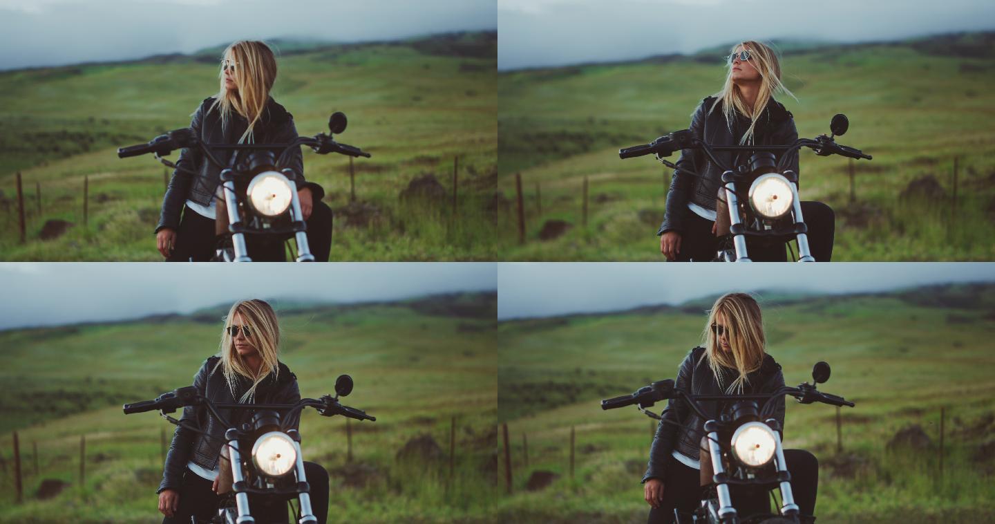 骑老式摩托车的美女