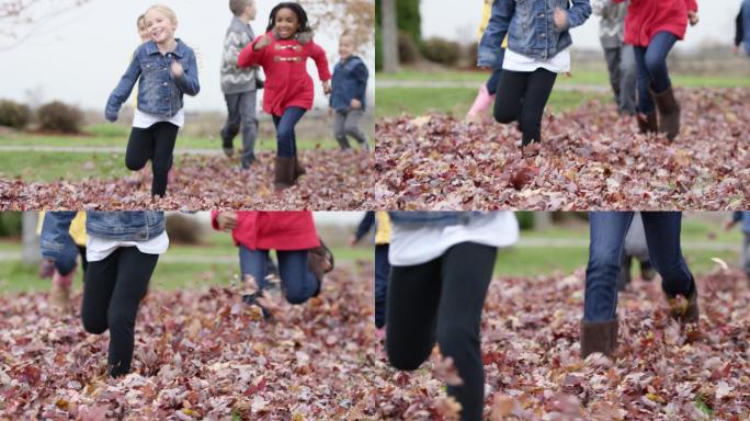 一群孩子在秋叶中奔跑