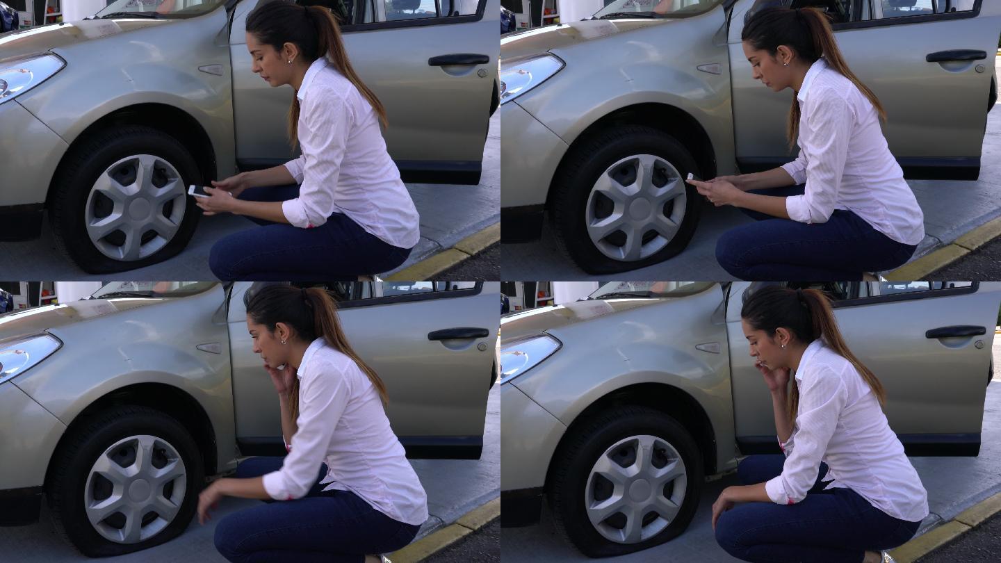 一位女士下了车，意识到自己的轮胎漏气了