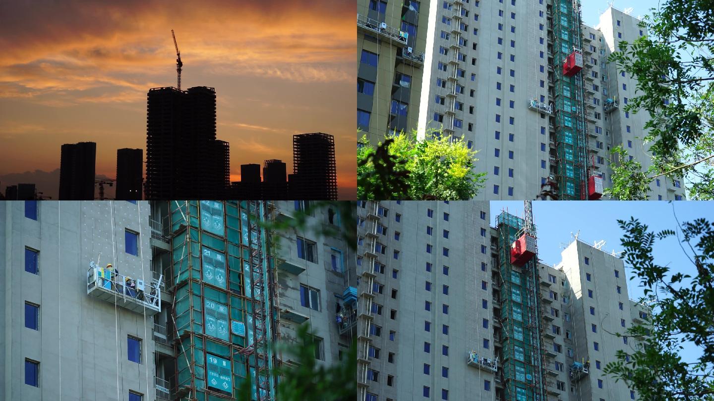 晚霞夕阳红建筑工地塔吊大楼建造钢筋水泥