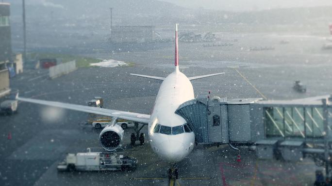 冬季站在机场门口等待乘客的飞机