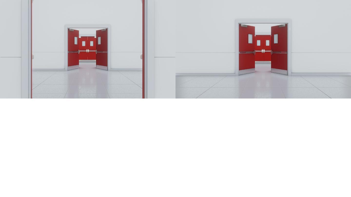 穿过红色的门。进入接近走廊
