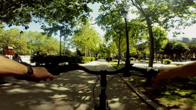 在马德里公园骑自行车的视角