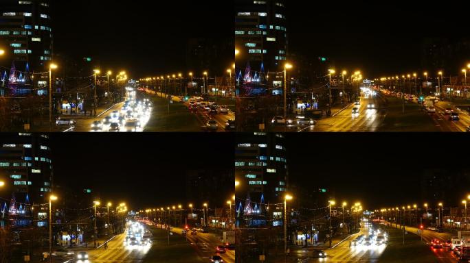 城市的夜间交通。霓虹灯高速公路延时