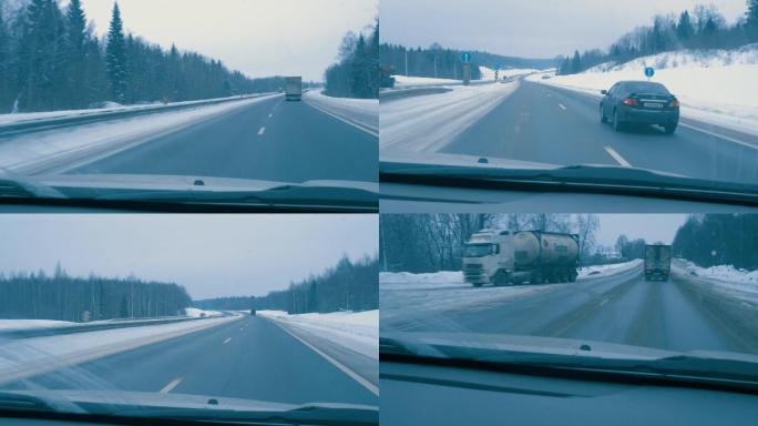 在冬天的路上开车白天冰山