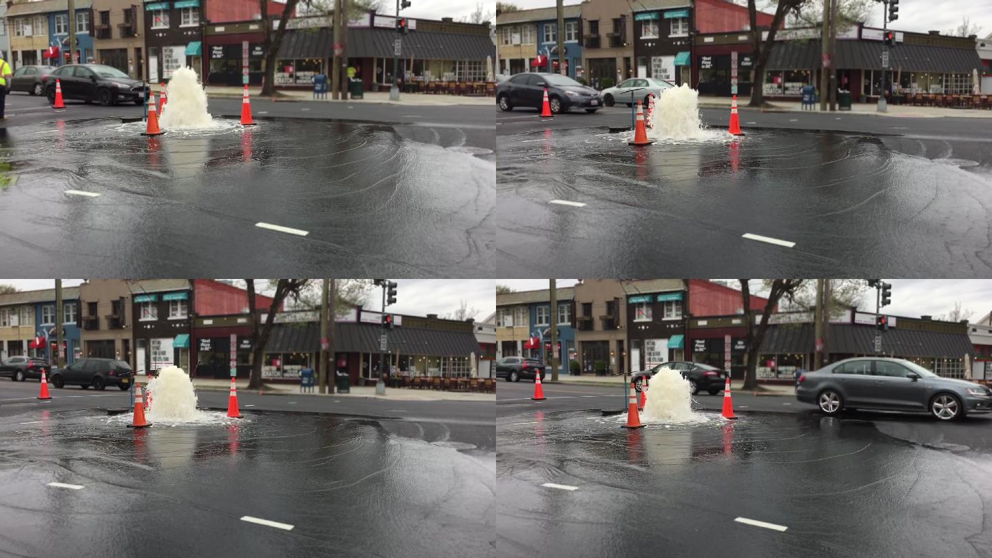 水管破裂淹没了繁忙的城市街道