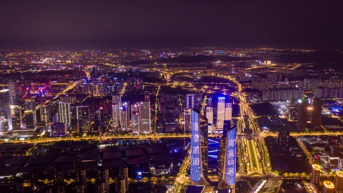 南京青奥双塔楼航拍夜景4K