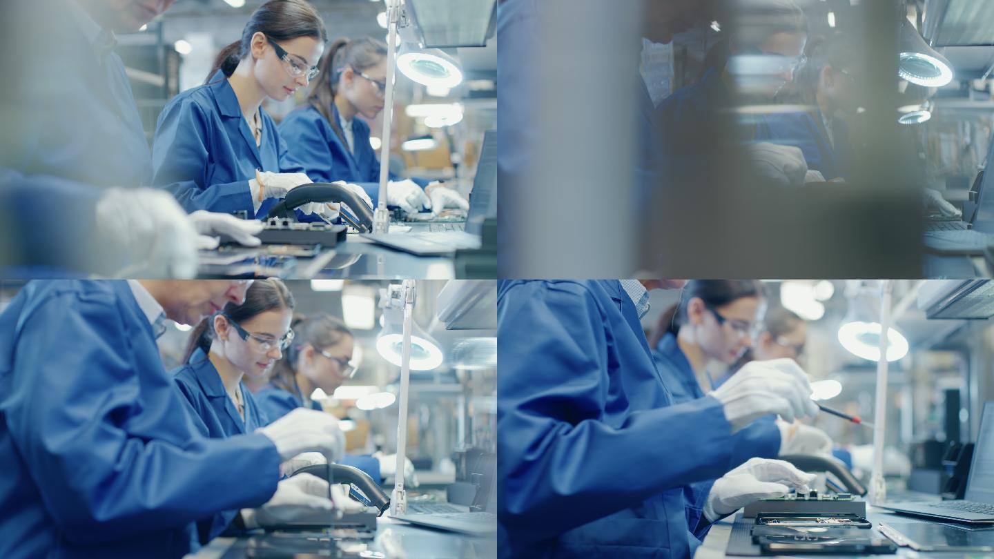 女性电子工厂工人用镊子和螺丝刀组装手机。