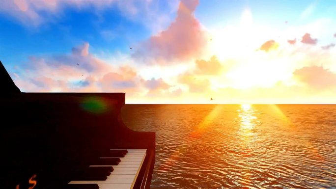 唯美云霞海上钢琴动画