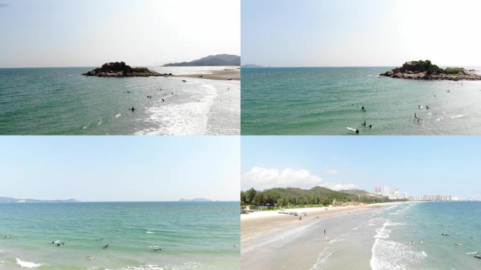 惠州惠东狮子岛沙滩海白浪花冲浪航拍