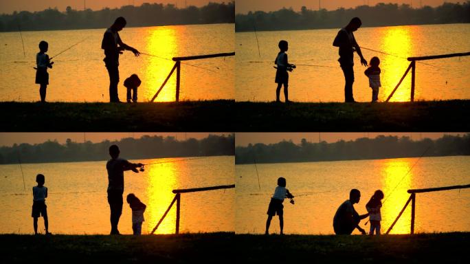 父亲和孩子在日落时钓鱼