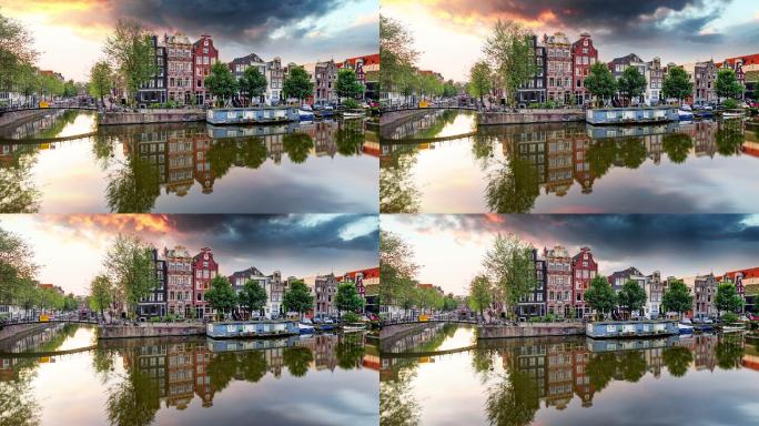 荷兰日落时的阿姆斯特丹运河房屋