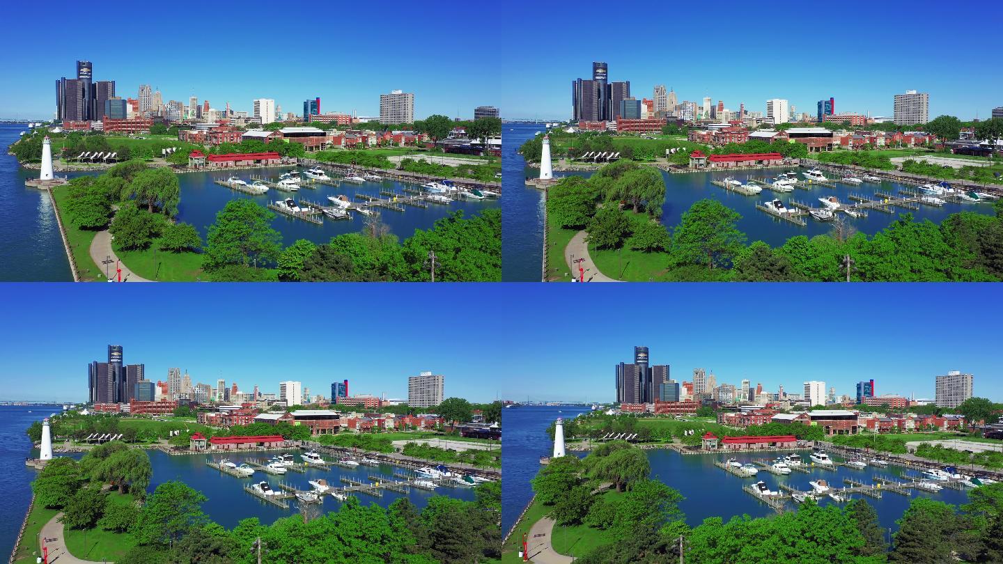 密歇根州底特律米利肯州立公园和港口鸟瞰图