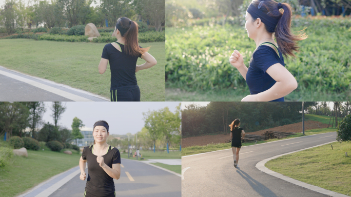 4K年轻女性日出时公园跑步合集
