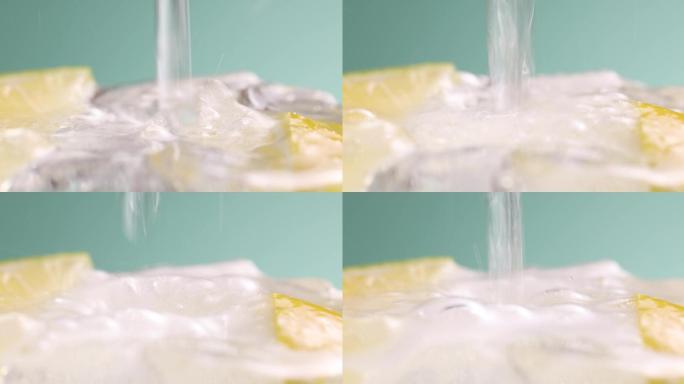 【正版素材】平拍柠檬倒雪碧杯口大特写固定