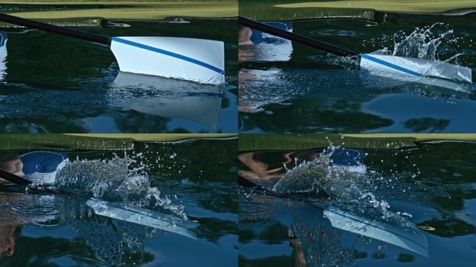 白色桨叶，带有一条细蓝线，撞击水面并飞溅