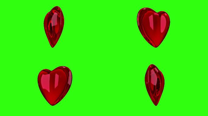 红色光泽3D心脏在绿色屏幕上旋转360度