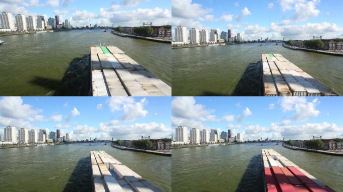 鹿特丹河上真在驾驶的集装箱船。