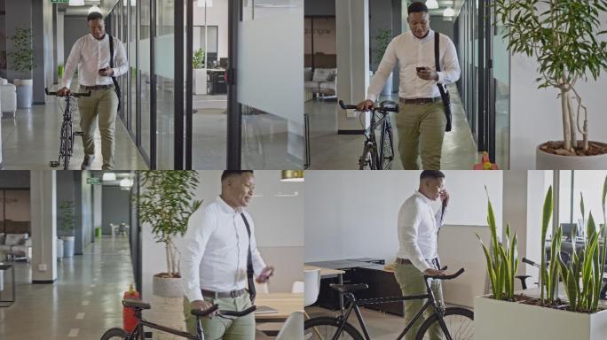 商人骑自行车到达办公室