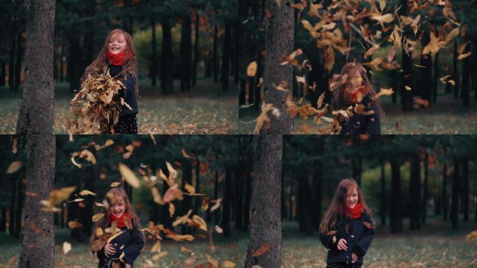 小女孩跳起来抛洒秋天的落叶
