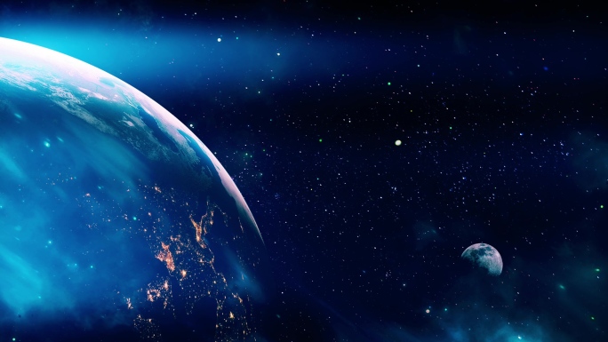 【4K宇宙】蓝色光晕地球月球星云太空空间