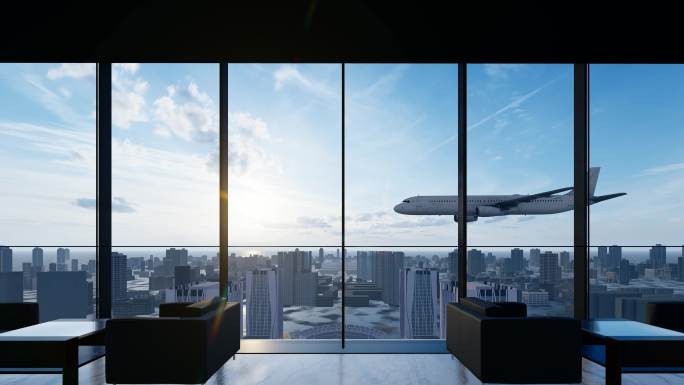 4K城市商务飞机飞过窗外