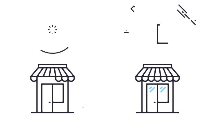 白色背景上零售店图标的运动图形线条动画。