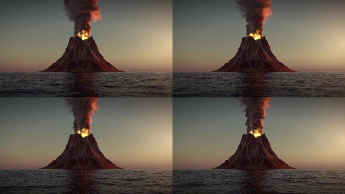 日落时火山爆发特效动画海面自然灾害