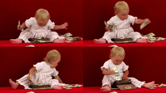 快乐可爱的小女孩玩着装满美元的钱包