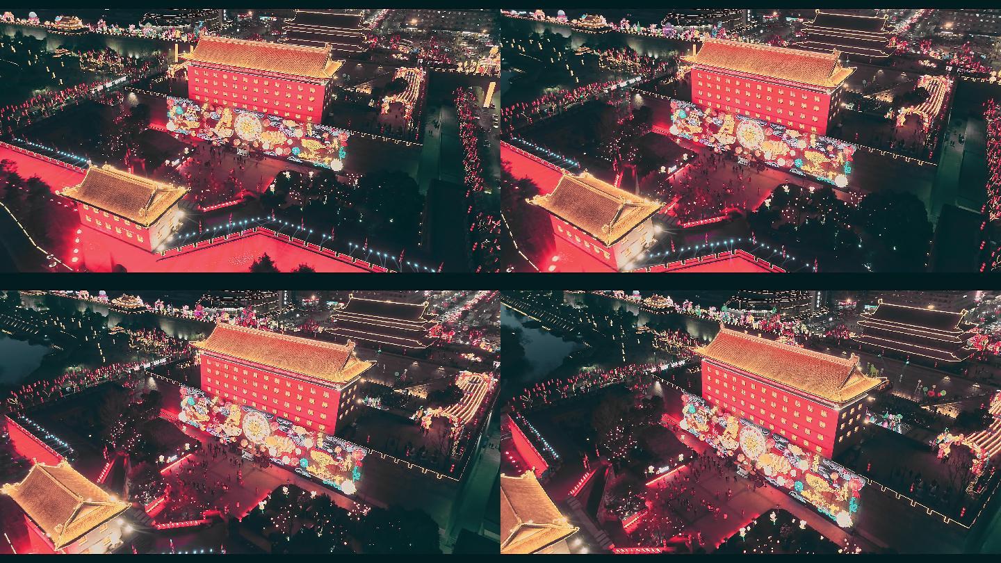4K航拍西安城墙南门新年永宁门春节灯会