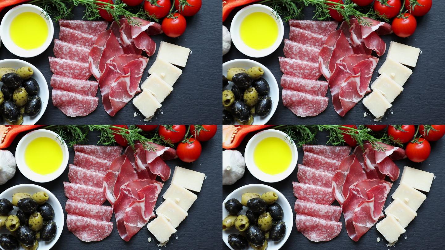 在石板桌面上展示地中海意大利食品
