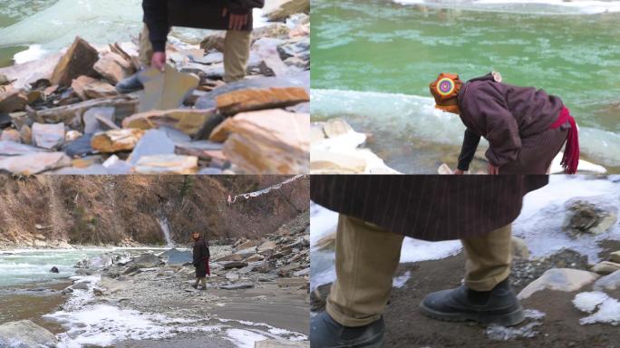 藏族石刻手艺人河边捡石板